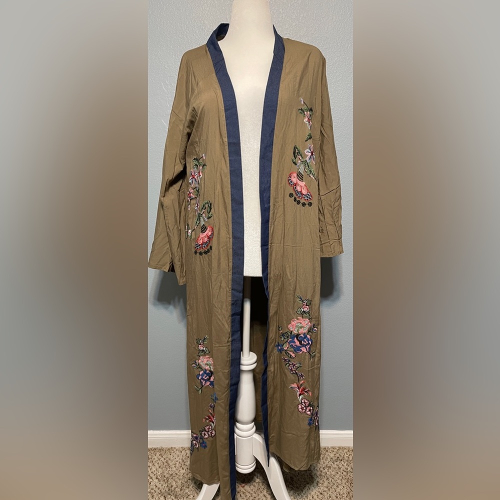 Khaki Floral Embroidered Long Kimono Duster Robe Festival Boho Lagenlook OS - Picture 4 of 9